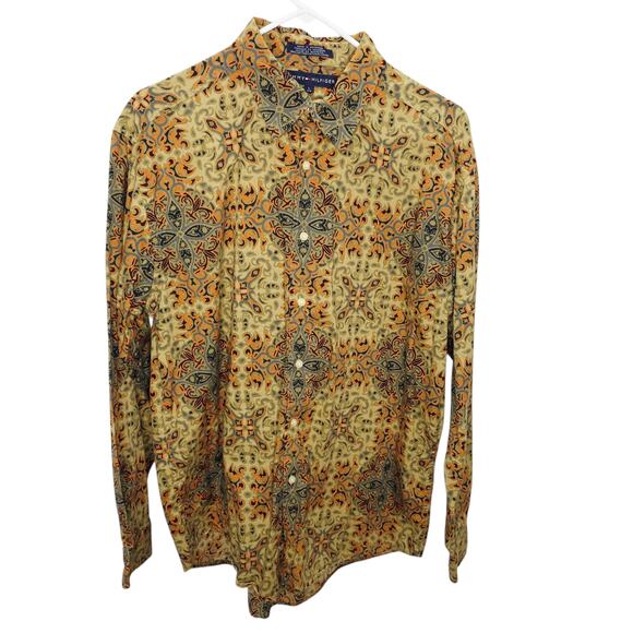 Tommy Hilfiger Tan & Orange Paisley Print Button Front Men's Shirt Size L - Picture 1 of 12